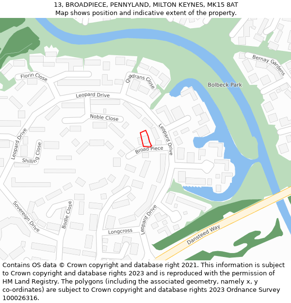 13, BROADPIECE, PENNYLAND, MILTON KEYNES, MK15 8AT: Location map and indicative extent of plot