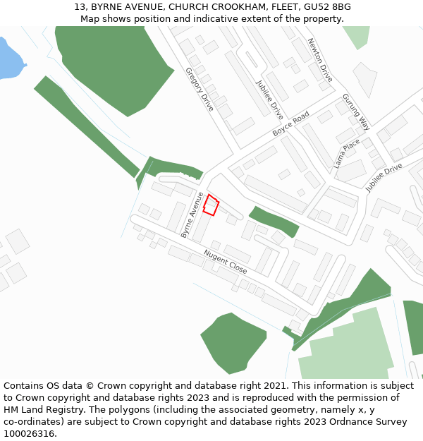 13, BYRNE AVENUE, CHURCH CROOKHAM, FLEET, GU52 8BG: Location map and indicative extent of plot