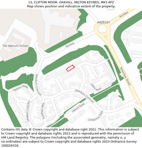 13, CLIFTON MOOR, OAKHILL, MILTON KEYNES, MK5 6FZ: Location map and indicative extent of plot