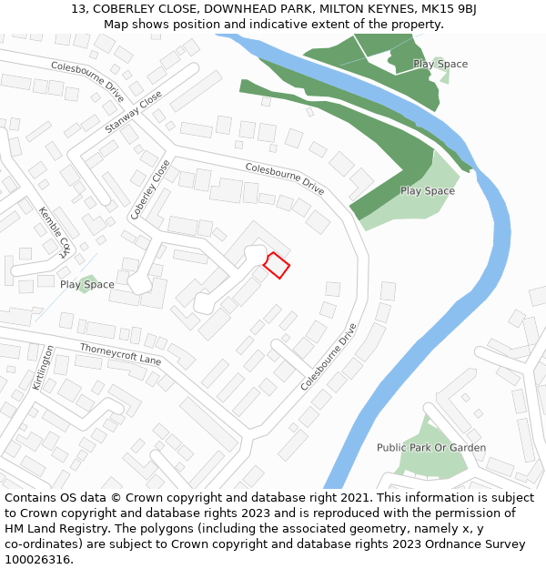 13, COBERLEY CLOSE, DOWNHEAD PARK, MILTON KEYNES, MK15 9BJ: Location map and indicative extent of plot