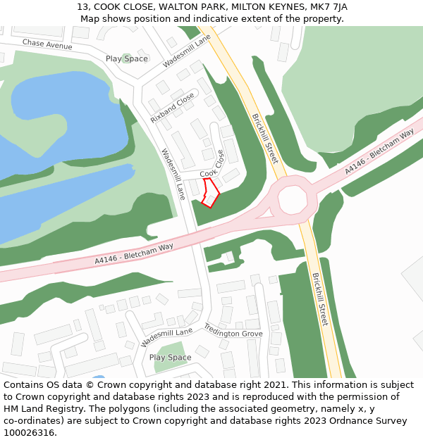 13, COOK CLOSE, WALTON PARK, MILTON KEYNES, MK7 7JA: Location map and indicative extent of plot