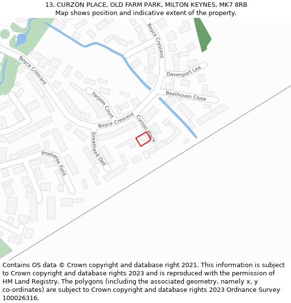 13, CURZON PLACE, OLD FARM PARK, MILTON KEYNES, MK7 8RB: Location map and indicative extent of plot