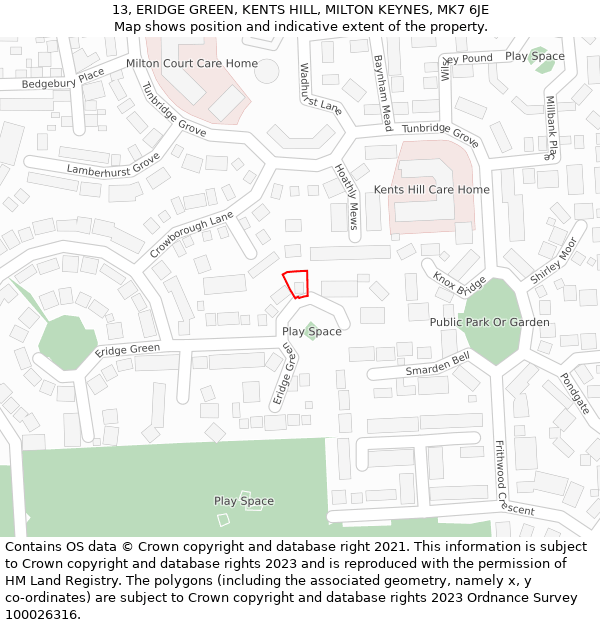 13, ERIDGE GREEN, KENTS HILL, MILTON KEYNES, MK7 6JE: Location map and indicative extent of plot