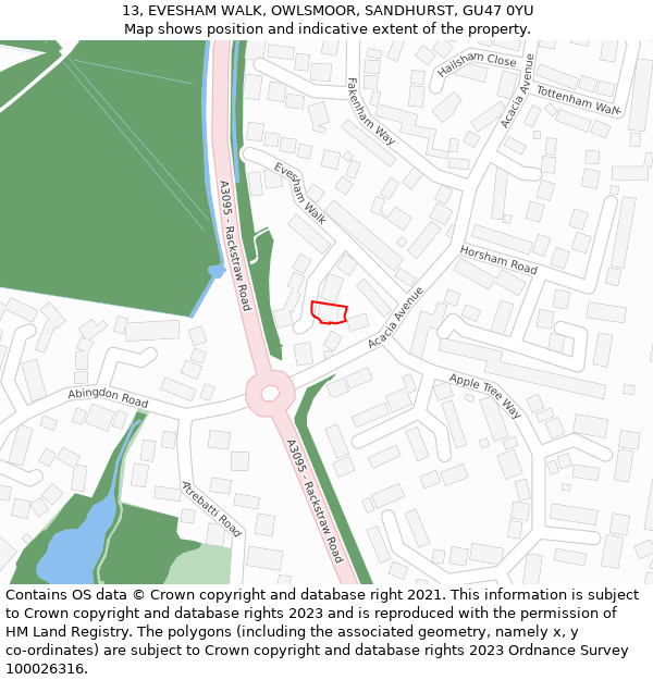 13, EVESHAM WALK, OWLSMOOR, SANDHURST, GU47 0YU: Location map and indicative extent of plot