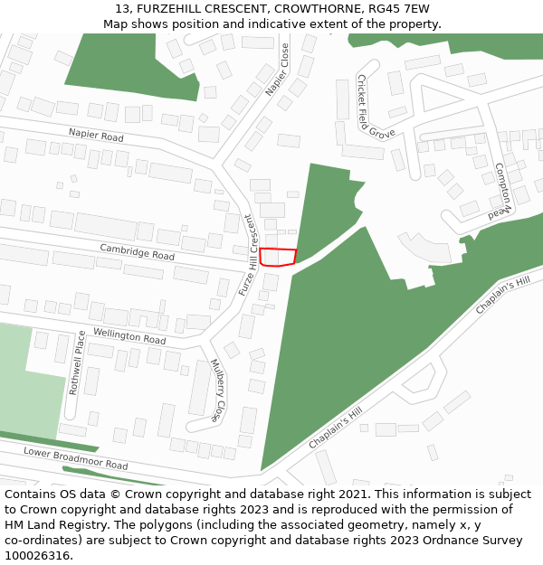 13, FURZEHILL CRESCENT, CROWTHORNE, RG45 7EW: Location map and indicative extent of plot