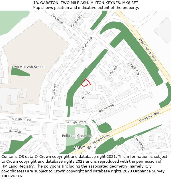 13, GARSTON, TWO MILE ASH, MILTON KEYNES, MK8 8ET: Location map and indicative extent of plot
