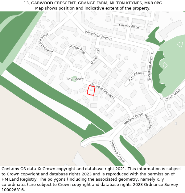 13, GARWOOD CRESCENT, GRANGE FARM, MILTON KEYNES, MK8 0PG: Location map and indicative extent of plot