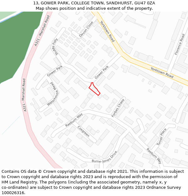 13, GOWER PARK, COLLEGE TOWN, SANDHURST, GU47 0ZA: Location map and indicative extent of plot
