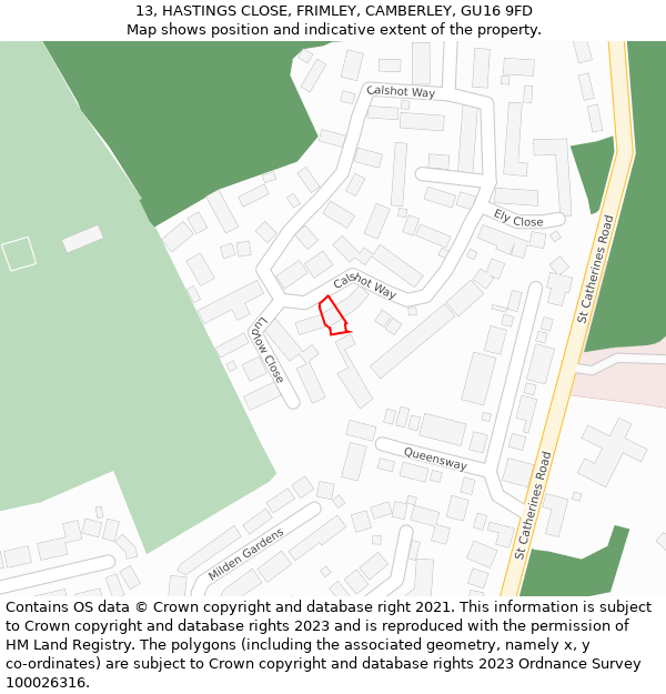 13, HASTINGS CLOSE, FRIMLEY, CAMBERLEY, GU16 9FD: Location map and indicative extent of plot