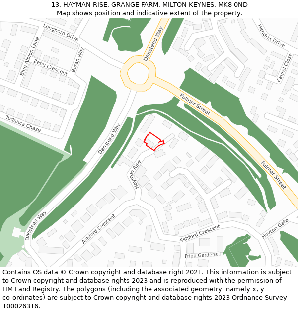 13, HAYMAN RISE, GRANGE FARM, MILTON KEYNES, MK8 0ND: Location map and indicative extent of plot