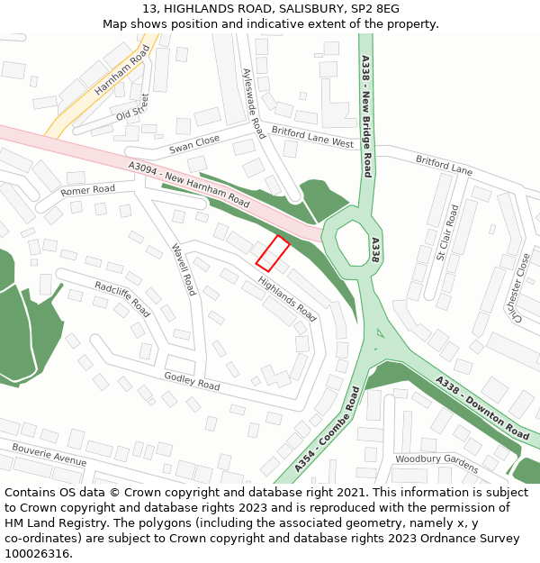 13, HIGHLANDS ROAD, SALISBURY, SP2 8EG: Location map and indicative extent of plot