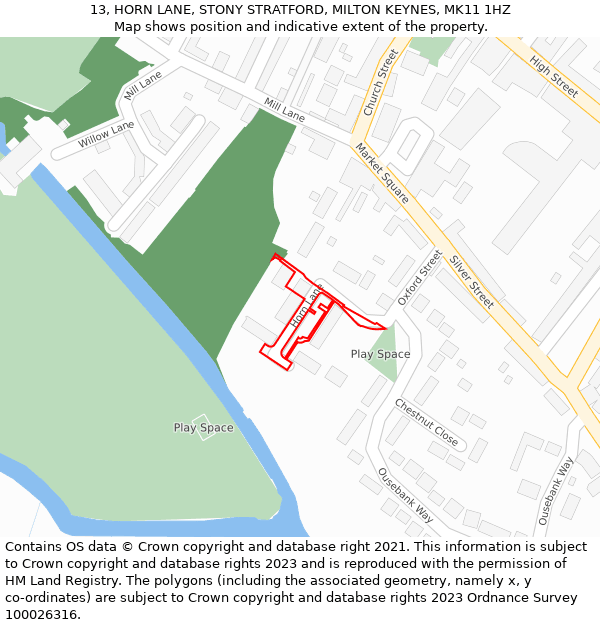 13, HORN LANE, STONY STRATFORD, MILTON KEYNES, MK11 1HZ: Location map and indicative extent of plot