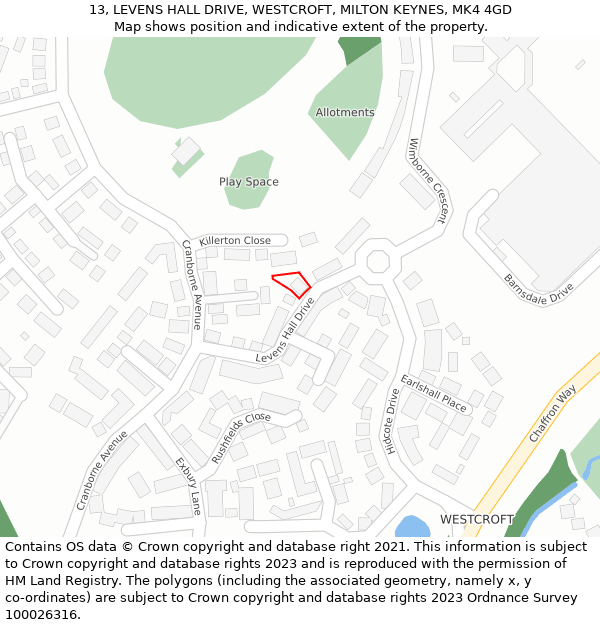 13, LEVENS HALL DRIVE, WESTCROFT, MILTON KEYNES, MK4 4GD: Location map and indicative extent of plot