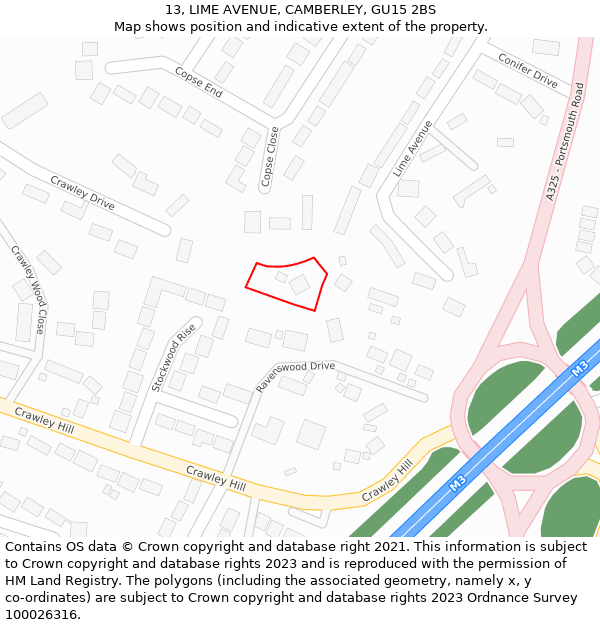 13, LIME AVENUE, CAMBERLEY, GU15 2BS: Location map and indicative extent of plot