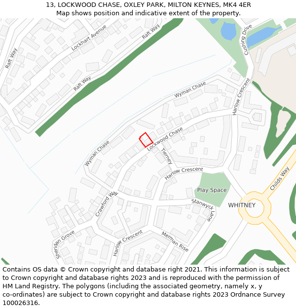 13, LOCKWOOD CHASE, OXLEY PARK, MILTON KEYNES, MK4 4ER: Location map and indicative extent of plot