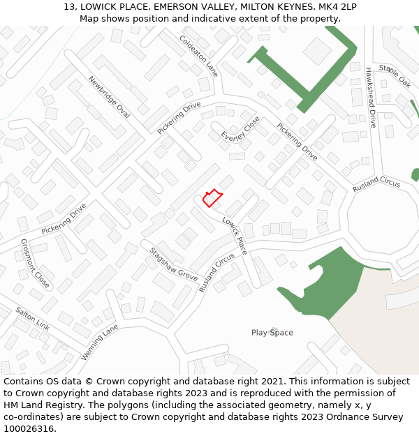 13, LOWICK PLACE, EMERSON VALLEY, MILTON KEYNES, MK4 2LP: Location map and indicative extent of plot