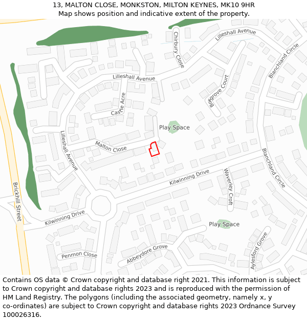 13, MALTON CLOSE, MONKSTON, MILTON KEYNES, MK10 9HR: Location map and indicative extent of plot