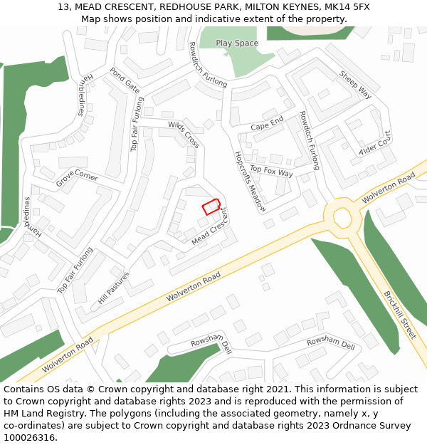 13, MEAD CRESCENT, REDHOUSE PARK, MILTON KEYNES, MK14 5FX: Location map and indicative extent of plot