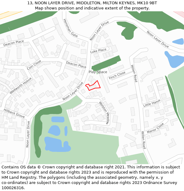 13, NOON LAYER DRIVE, MIDDLETON, MILTON KEYNES, MK10 9BT: Location map and indicative extent of plot