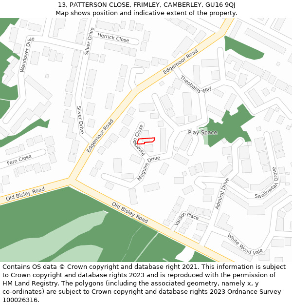 13, PATTERSON CLOSE, FRIMLEY, CAMBERLEY, GU16 9QJ: Location map and indicative extent of plot