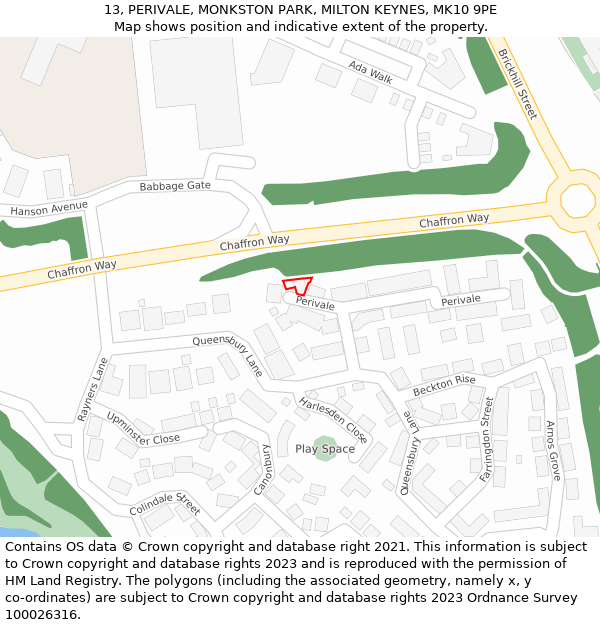 13, PERIVALE, MONKSTON PARK, MILTON KEYNES, MK10 9PE: Location map and indicative extent of plot