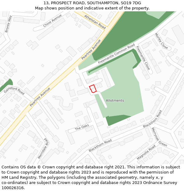 13, PROSPECT ROAD, SOUTHAMPTON, SO19 7DG: Location map and indicative extent of plot