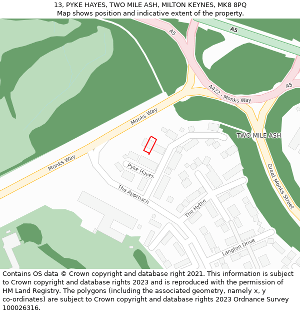 13, PYKE HAYES, TWO MILE ASH, MILTON KEYNES, MK8 8PQ: Location map and indicative extent of plot