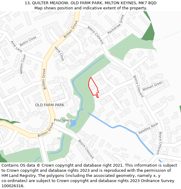 13, QUILTER MEADOW, OLD FARM PARK, MILTON KEYNES, MK7 8QD: Location map and indicative extent of plot