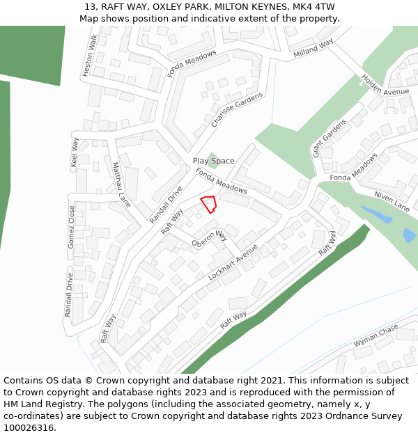 13, RAFT WAY, OXLEY PARK, MILTON KEYNES, MK4 4TW: Location map and indicative extent of plot