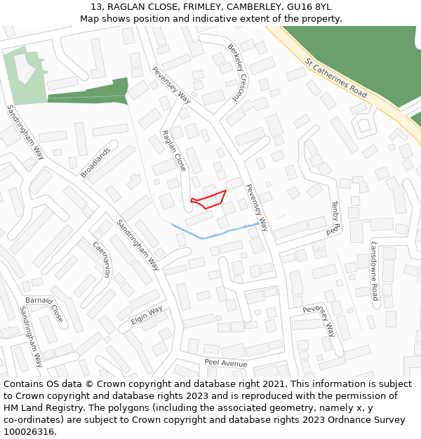 13, RAGLAN CLOSE, FRIMLEY, CAMBERLEY, GU16 8YL: Location map and indicative extent of plot