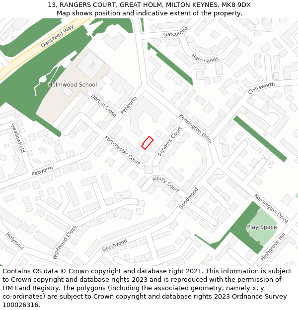 13, RANGERS COURT, GREAT HOLM, MILTON KEYNES, MK8 9DX: Location map and indicative extent of plot