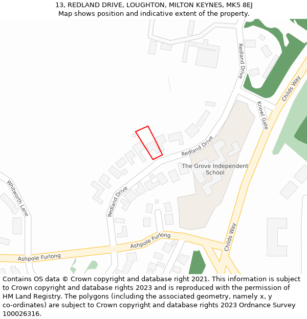 13, REDLAND DRIVE, LOUGHTON, MILTON KEYNES, MK5 8EJ: Location map and indicative extent of plot