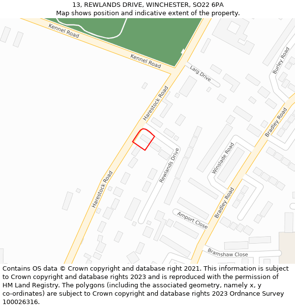 13, REWLANDS DRIVE, WINCHESTER, SO22 6PA: Location map and indicative extent of plot