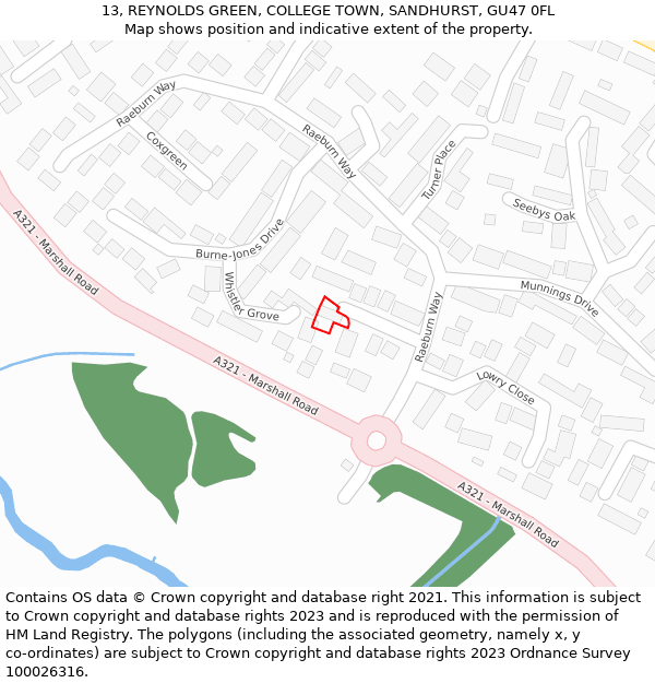 13, REYNOLDS GREEN, COLLEGE TOWN, SANDHURST, GU47 0FL: Location map and indicative extent of plot