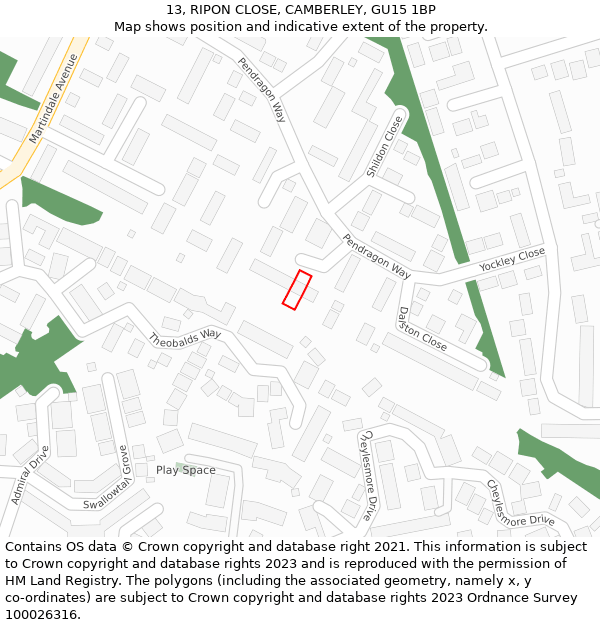 13, RIPON CLOSE, CAMBERLEY, GU15 1BP: Location map and indicative extent of plot