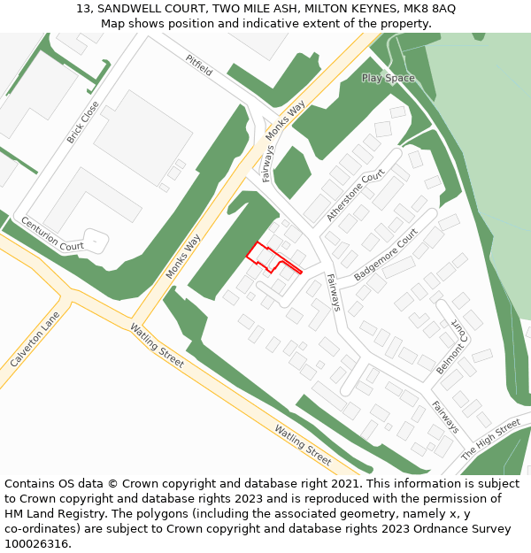 13, SANDWELL COURT, TWO MILE ASH, MILTON KEYNES, MK8 8AQ: Location map and indicative extent of plot
