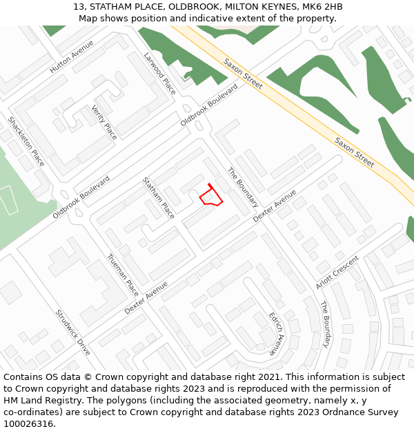 13, STATHAM PLACE, OLDBROOK, MILTON KEYNES, MK6 2HB: Location map and indicative extent of plot