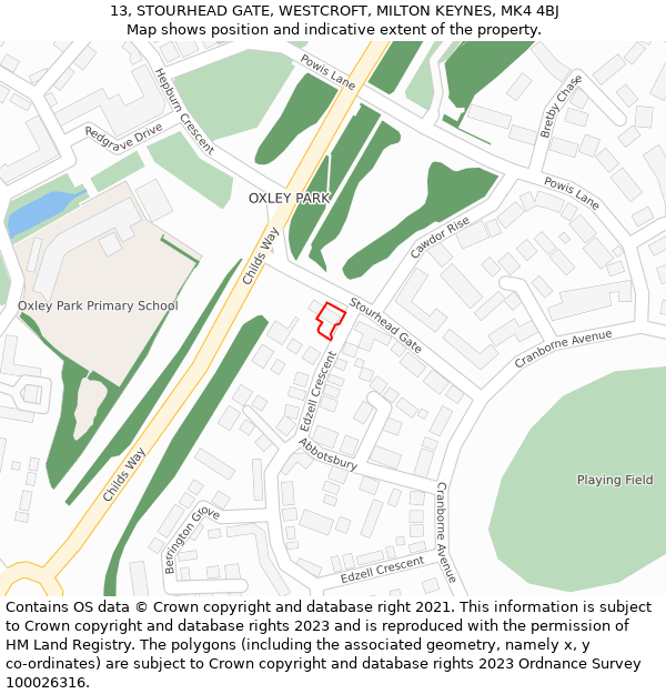 13, STOURHEAD GATE, WESTCROFT, MILTON KEYNES, MK4 4BJ: Location map and indicative extent of plot