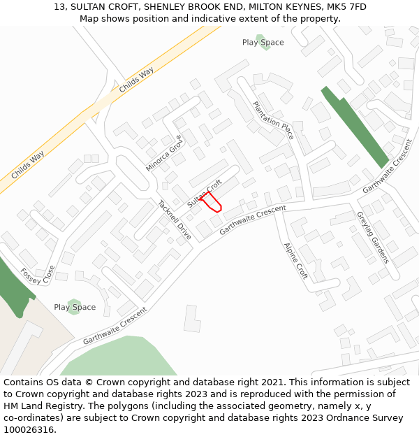 13, SULTAN CROFT, SHENLEY BROOK END, MILTON KEYNES, MK5 7FD: Location map and indicative extent of plot