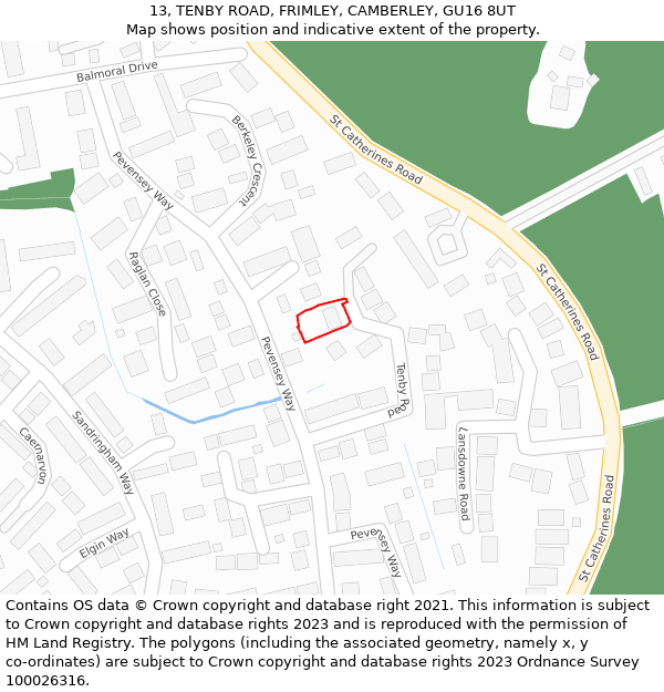 13, TENBY ROAD, FRIMLEY, CAMBERLEY, GU16 8UT: Location map and indicative extent of plot