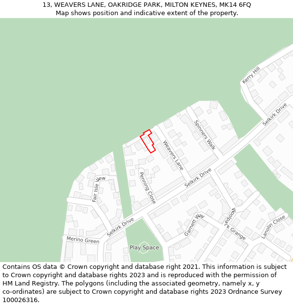 13, WEAVERS LANE, OAKRIDGE PARK, MILTON KEYNES, MK14 6FQ: Location map and indicative extent of plot