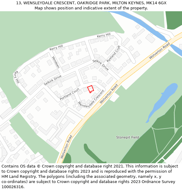 13, WENSLEYDALE CRESCENT, OAKRIDGE PARK, MILTON KEYNES, MK14 6GX: Location map and indicative extent of plot