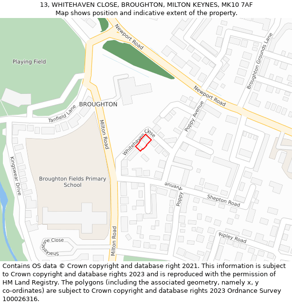 13, WHITEHAVEN CLOSE, BROUGHTON, MILTON KEYNES, MK10 7AF: Location map and indicative extent of plot