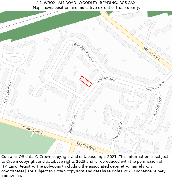 13, WROXHAM ROAD, WOODLEY, READING, RG5 3AX: Location map and indicative extent of plot