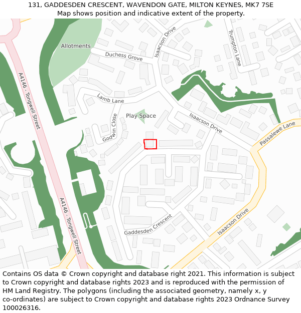 131, GADDESDEN CRESCENT, WAVENDON GATE, MILTON KEYNES, MK7 7SE: Location map and indicative extent of plot