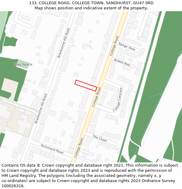 133, COLLEGE ROAD, COLLEGE TOWN, SANDHURST, GU47 0RD: Location map and indicative extent of plot
