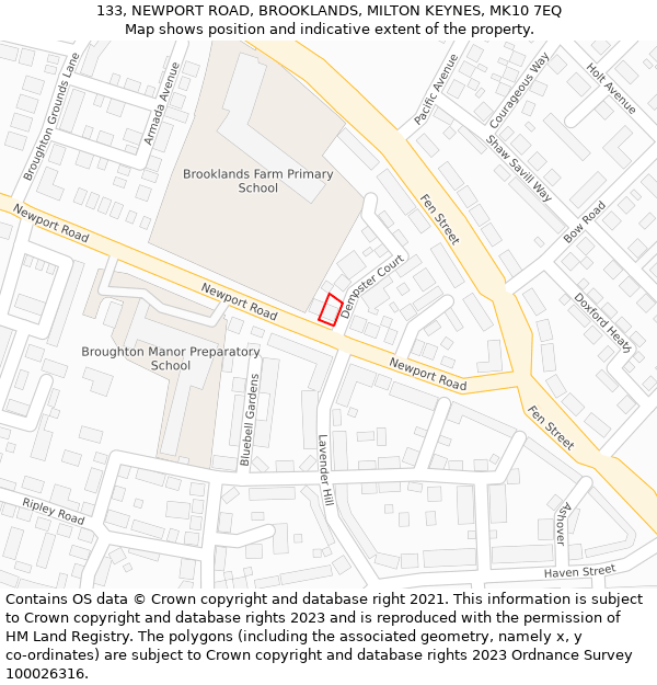 133, NEWPORT ROAD, BROOKLANDS, MILTON KEYNES, MK10 7EQ: Location map and indicative extent of plot
