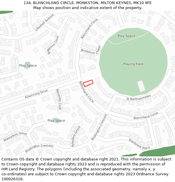 134, BLANCHLAND CIRCLE, MONKSTON, MILTON KEYNES, MK10 9FE: Location map and indicative extent of plot