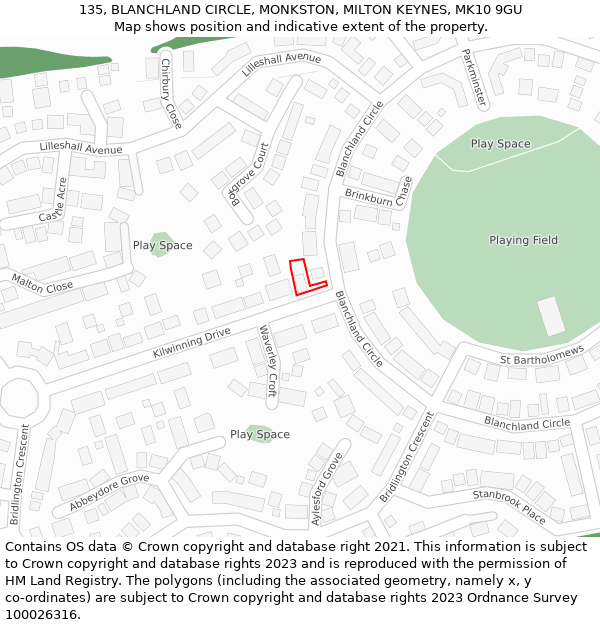 135, BLANCHLAND CIRCLE, MONKSTON, MILTON KEYNES, MK10 9GU: Location map and indicative extent of plot