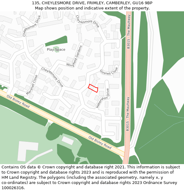 135, CHEYLESMORE DRIVE, FRIMLEY, CAMBERLEY, GU16 9BP: Location map and indicative extent of plot